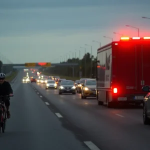 Scene of a hit-and-run incident on a freeway with emergency responders.
