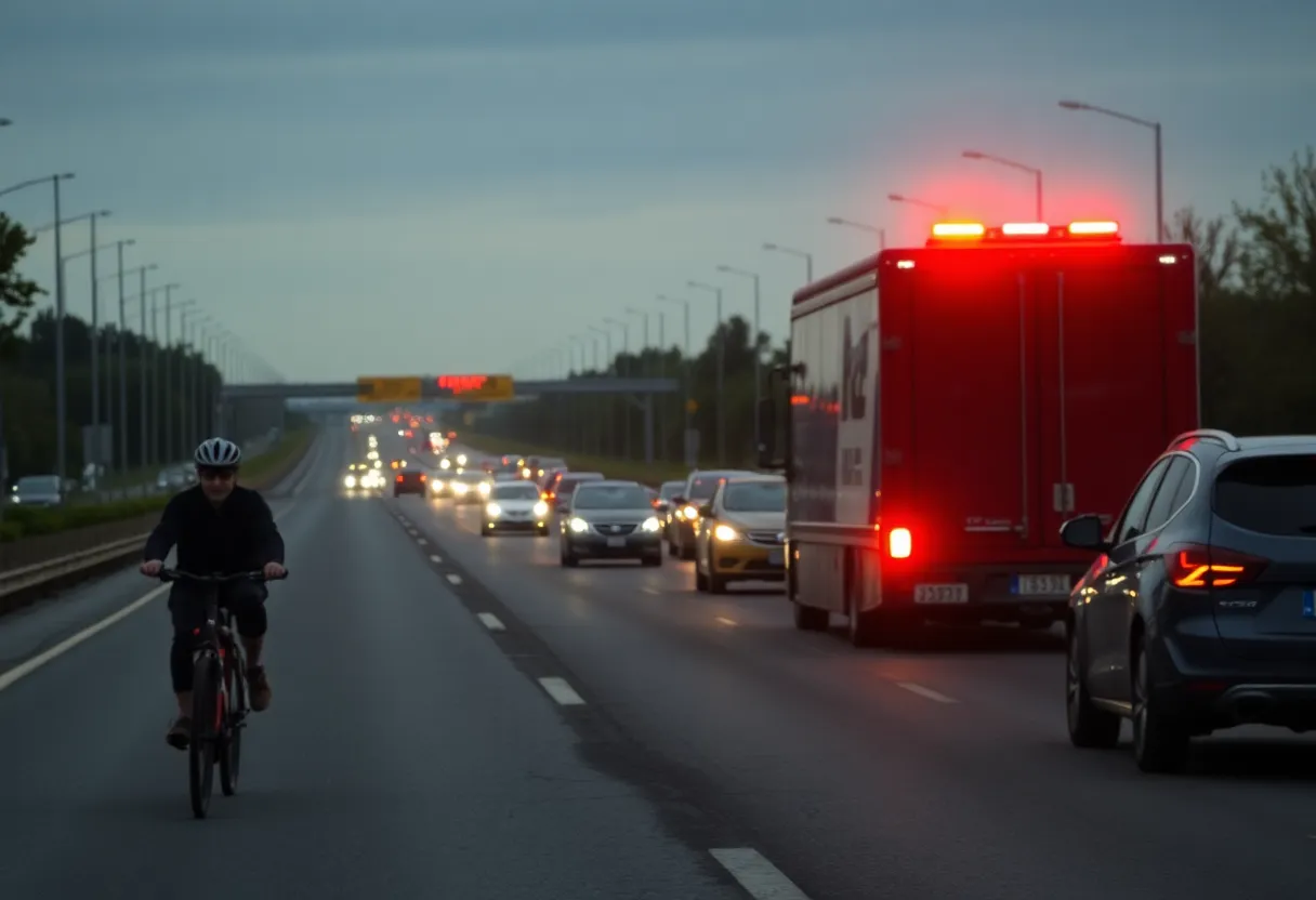 Scene of a hit-and-run incident on a freeway with emergency responders.