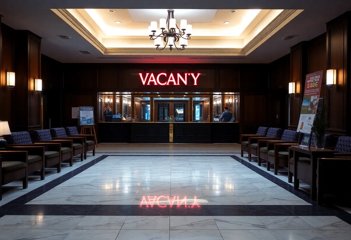 Empty hotel lobby showcasing a sense of decreased occupancy