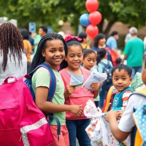 Families receiving school supplies at the Houston Back to School Fair