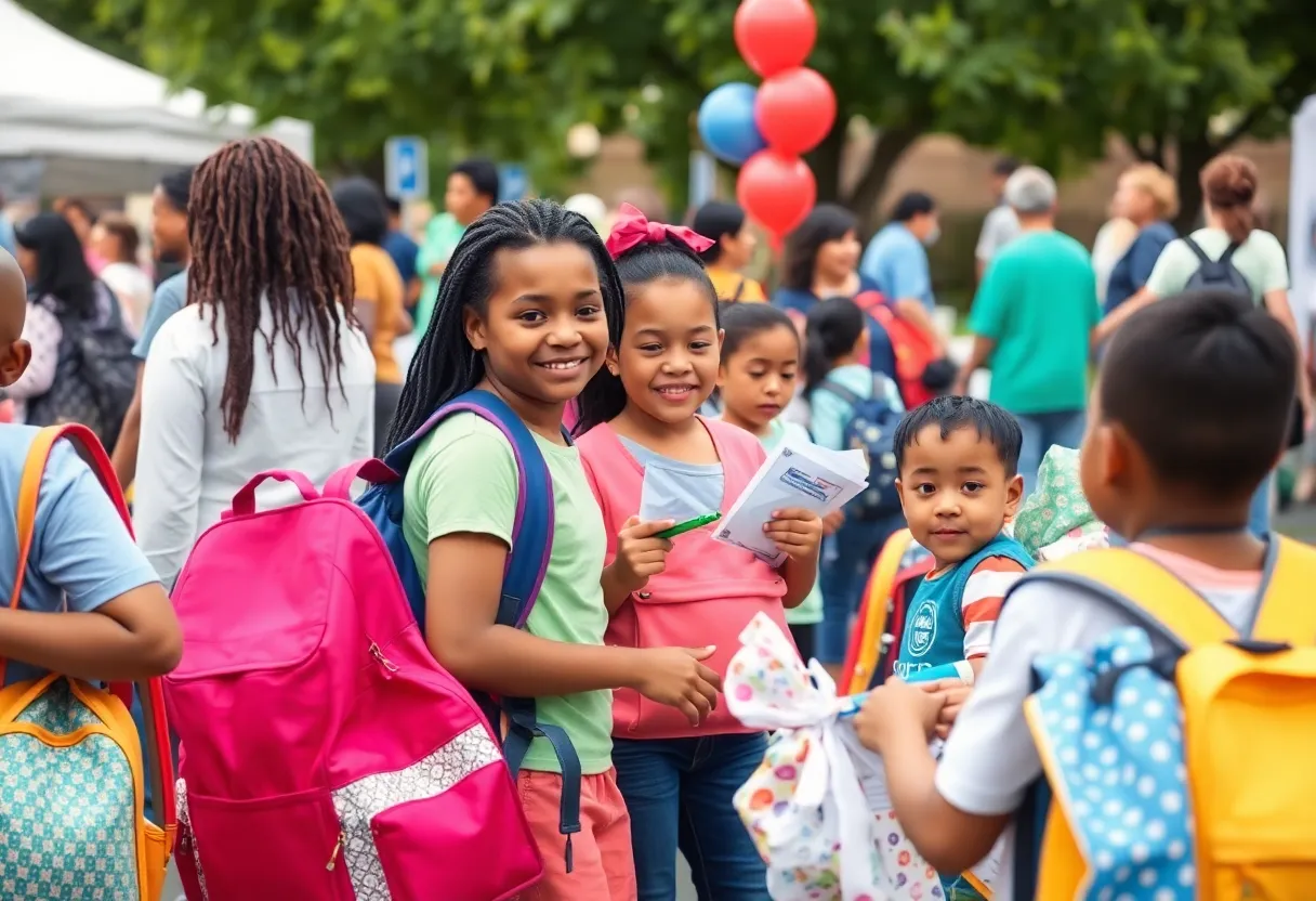 Families attending a Houston back-to-school fair with school supplies and health screening booths.