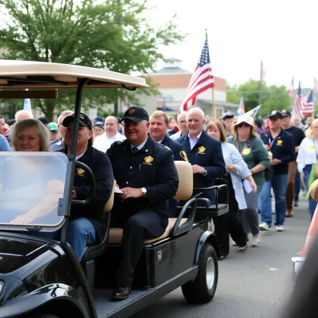 A vibrant scene from a Houston community parade featuring a golf cart.