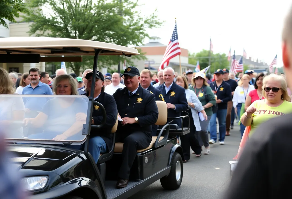 A vibrant scene from a Houston community parade featuring a golf cart.