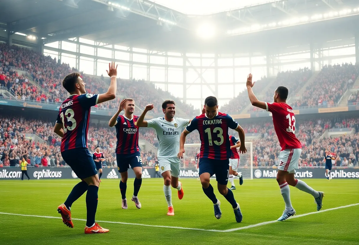 Houston Cougars soccer team celebrating a goal in a match.