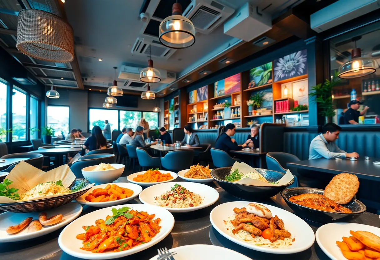 A lively restaurant atmosphere with diverse dishes being served.
