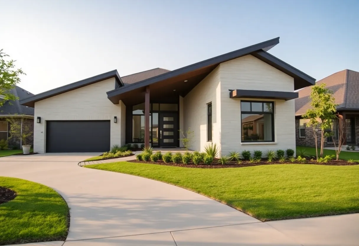 A beautiful modern home in Houston, TX with lush landscaping.