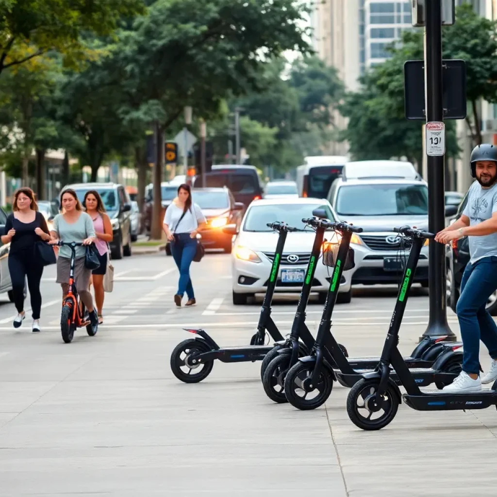 E-scooters on a Houston sidewalk with pedestrians