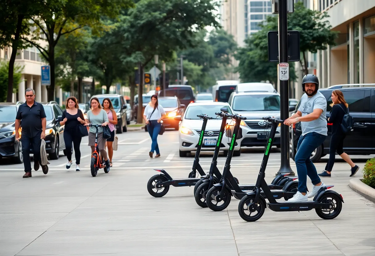 E-scooters on a Houston sidewalk with pedestrians