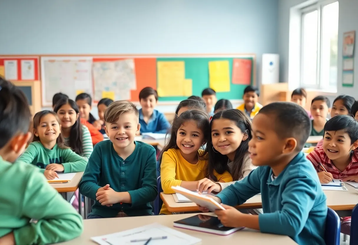 Diverse students in a classroom celebrating academic achievements