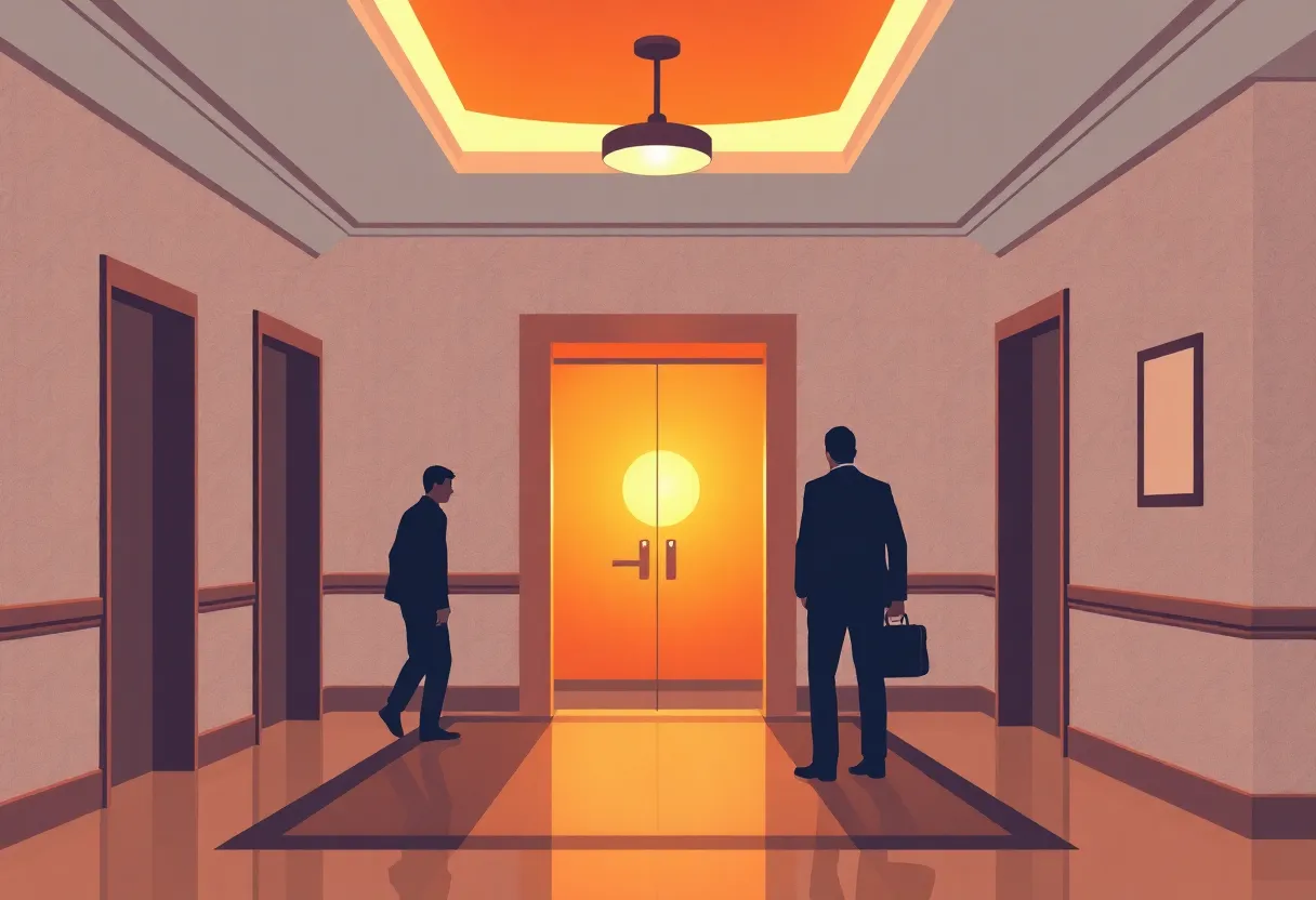 Illustration of a hotel lobby with an elevator, related to a robbery incident