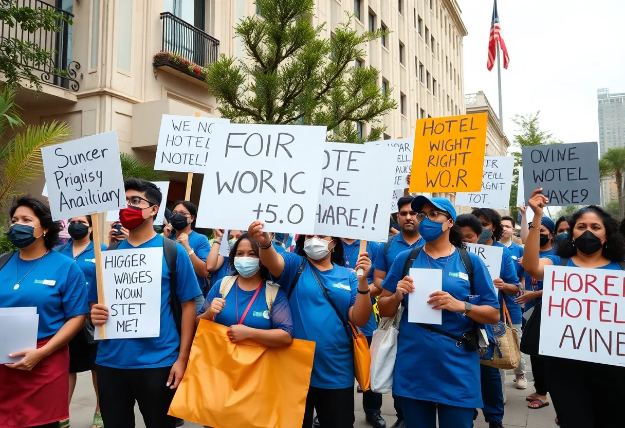 Hotel workers rallying for strike authorization outside Hilton Americas-Houston