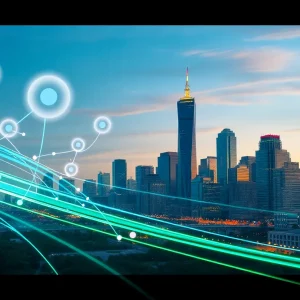 Illustration of Houston skyline with digital connectivity symbols representing high internet speeds.