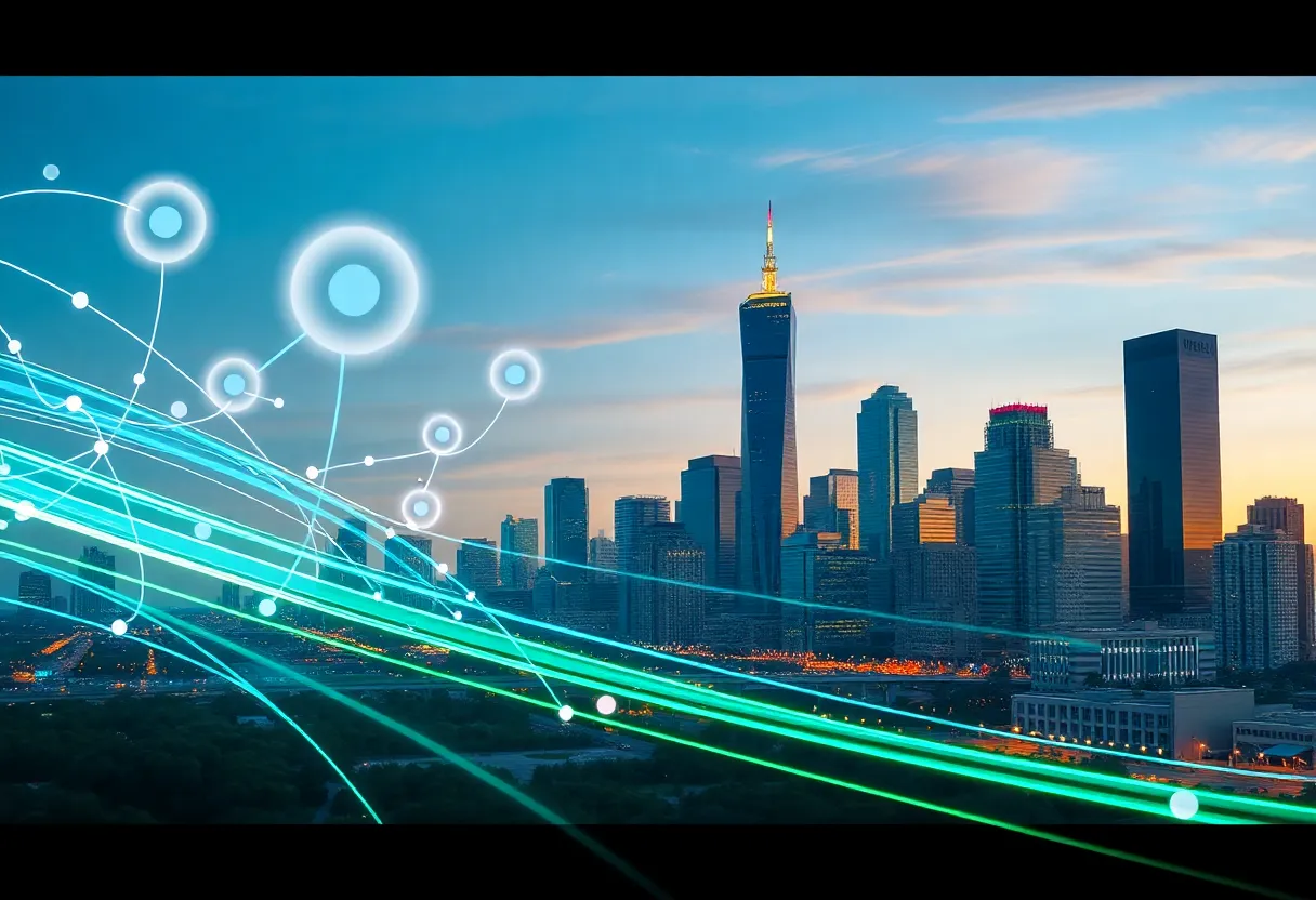 Illustration of Houston skyline with digital connectivity symbols representing high internet speeds.