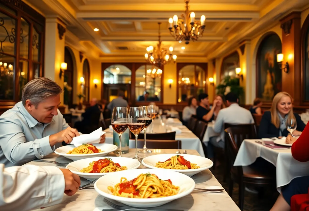 Interior view of an Italian restaurant in Houston filled with people enjoying their meals.