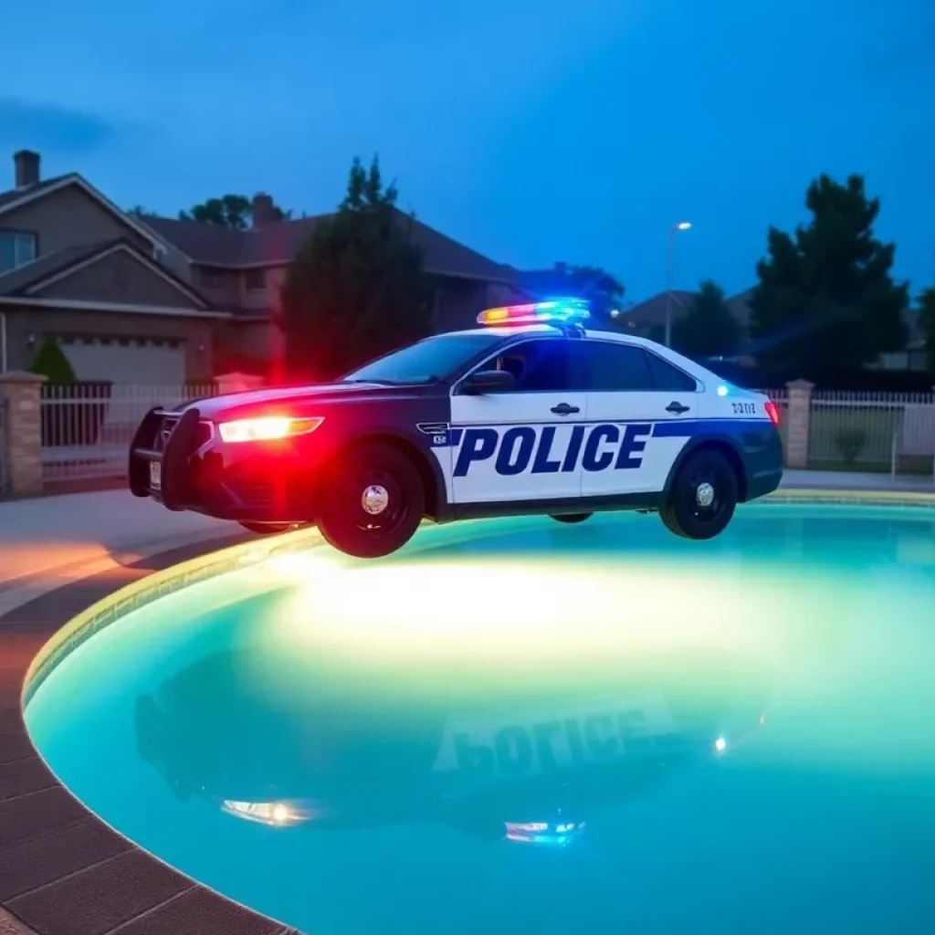 Houston police cruiser partially submerged in a swimming pool