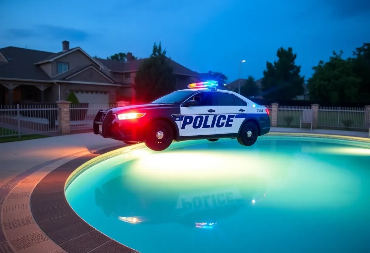 Houston police cruiser partially submerged in a swimming pool