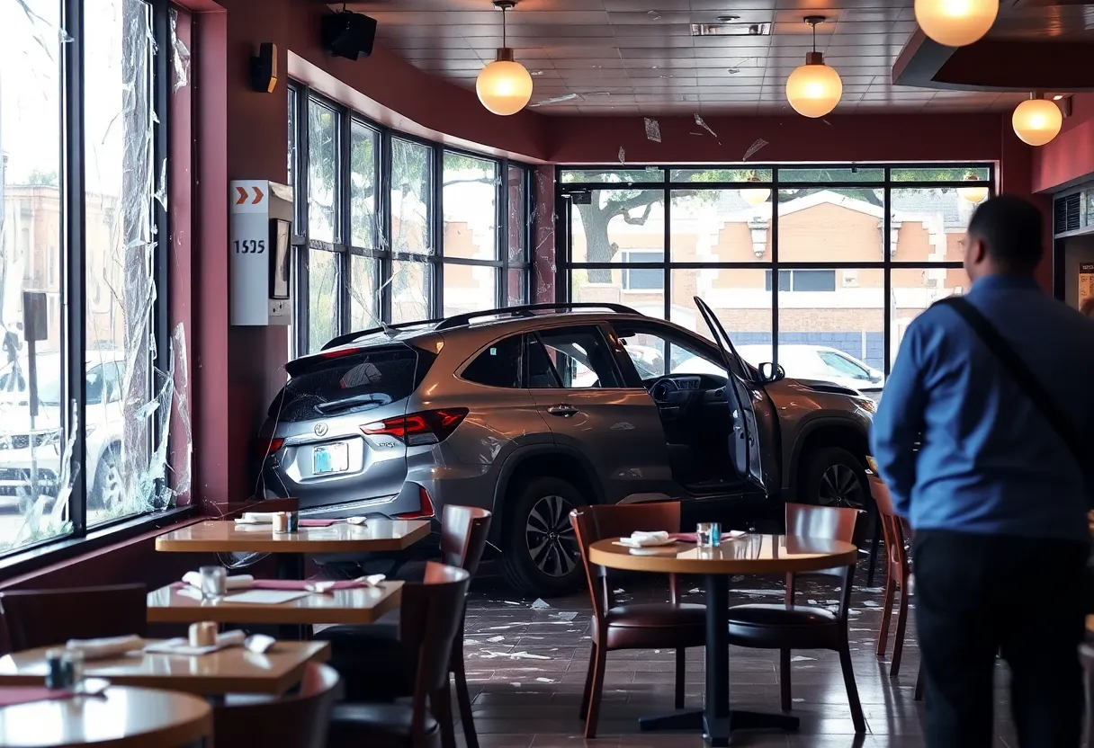 Scene of an SUV crash inside a restaurant with shattered glass.
