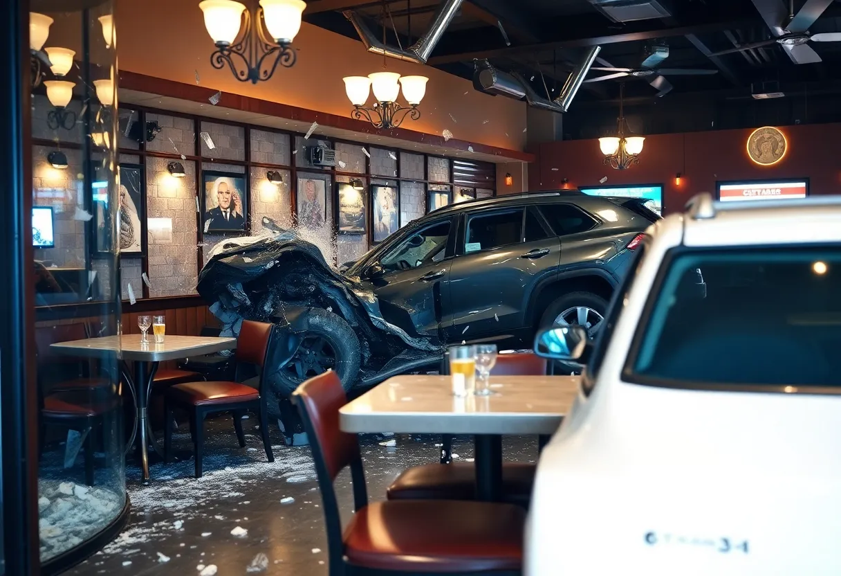 Scene of a restaurant crash with debris and concerned individuals
