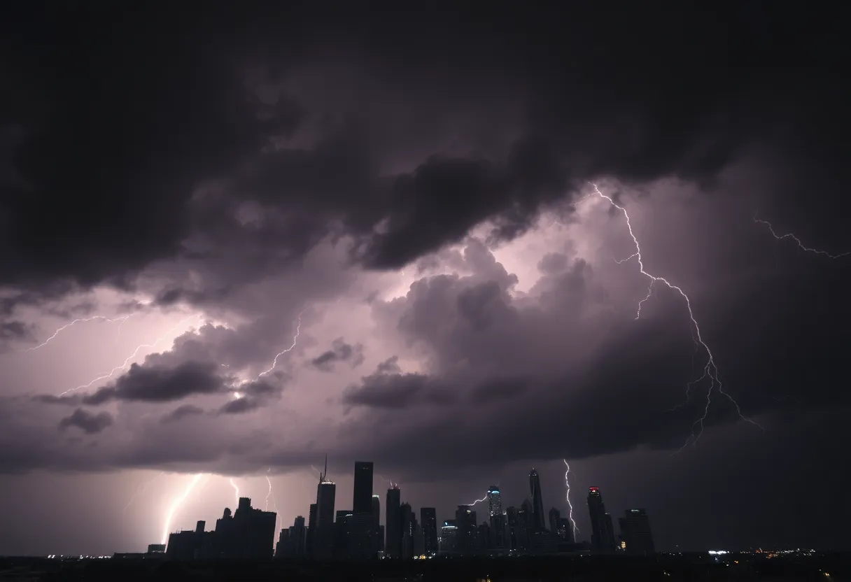 Stormy skies over Houston indicating severe weather conditions
