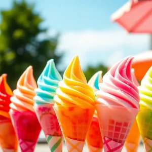 Colorful snow cones displayed in Houston during summer.