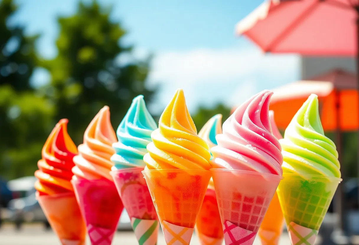 Colorful snow cones displayed in Houston during summer.