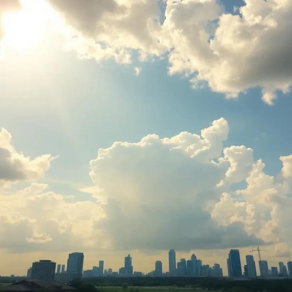 Scenic view of Houston with sunny skies and thunderstorms
