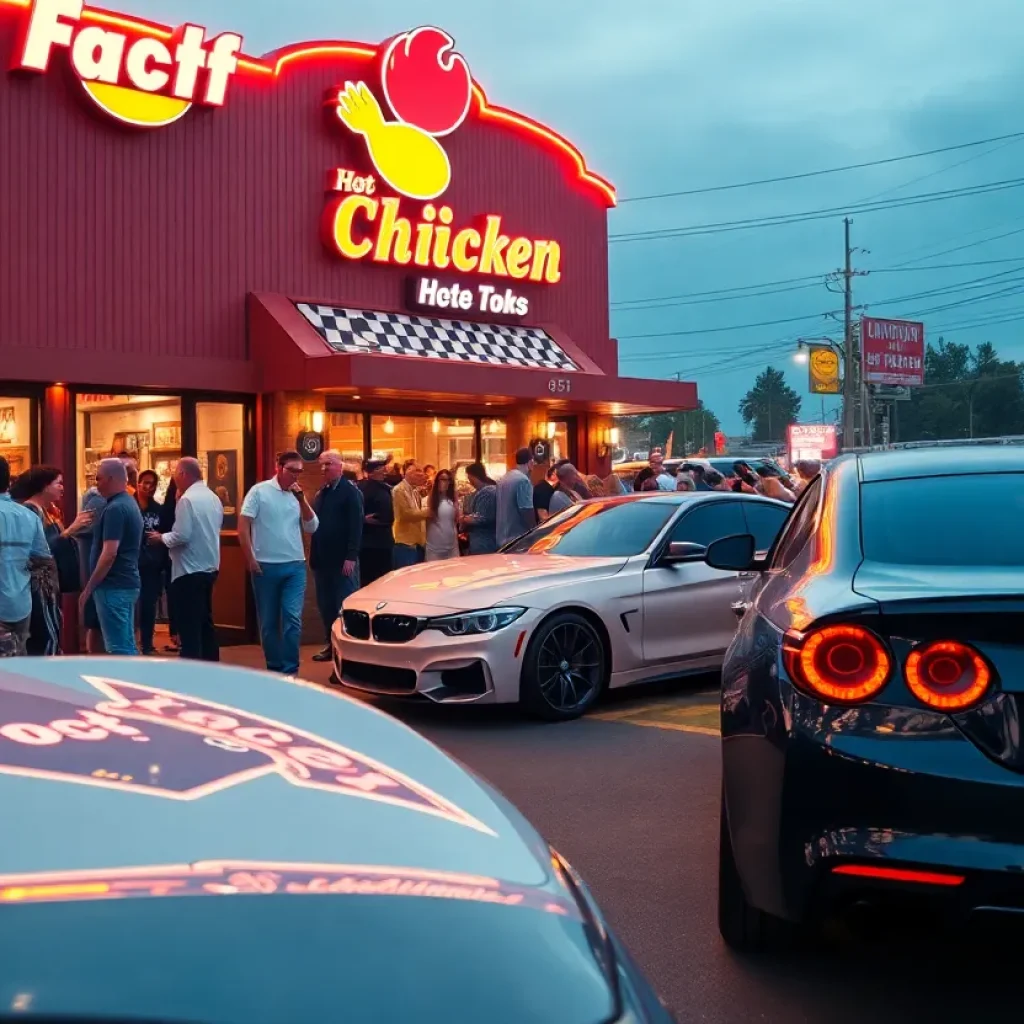 A bustling scene at the Houston TX Hot Chicken grand opening with cars and crowd