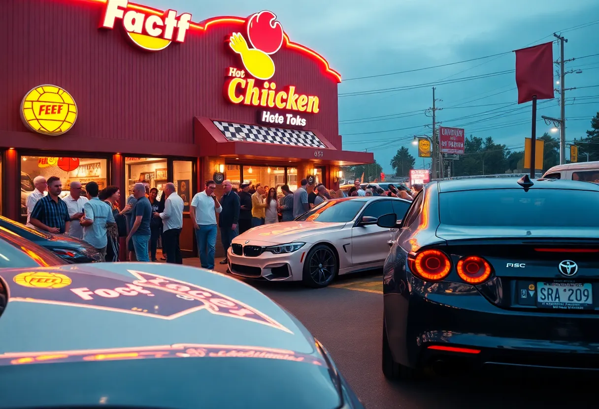 A bustling scene at the Houston TX Hot Chicken grand opening with cars and crowd