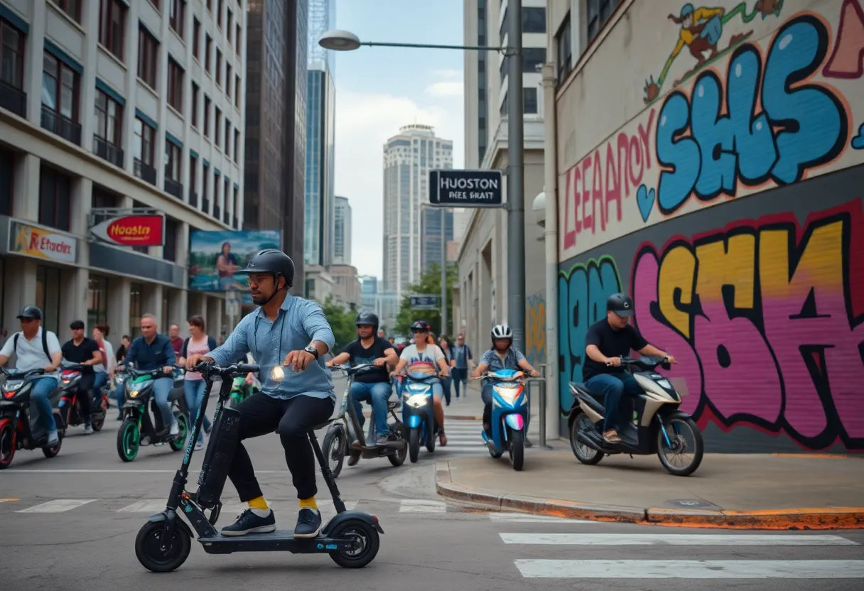 E-scooter riders navigating Houston streets with graffiti reflecting 1980s skate culture in the background.