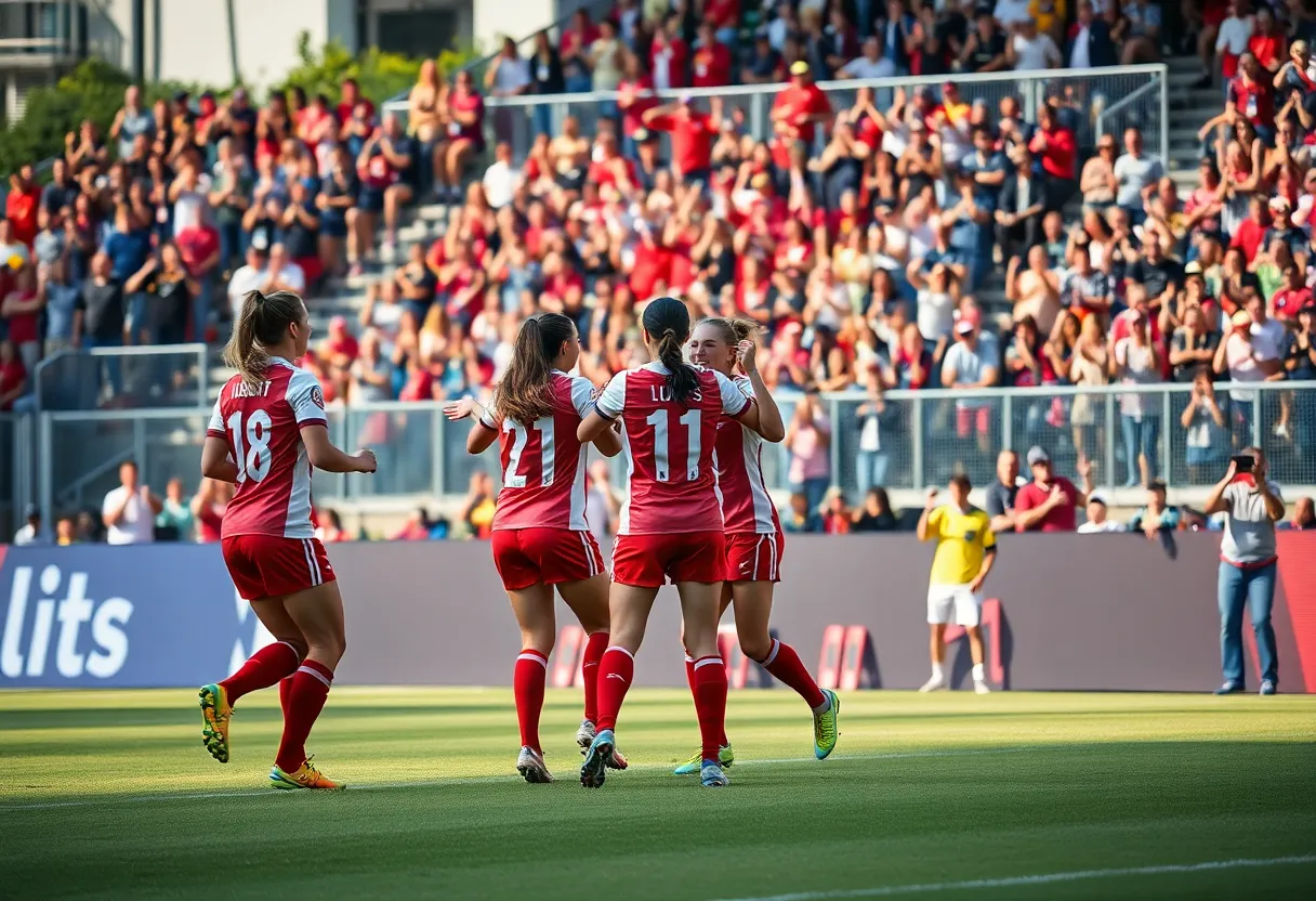 Houston women's soccer team celebrating their victory on the field