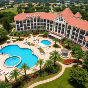 The Houstonian Hotel with beautiful landscaping and a swimming pool