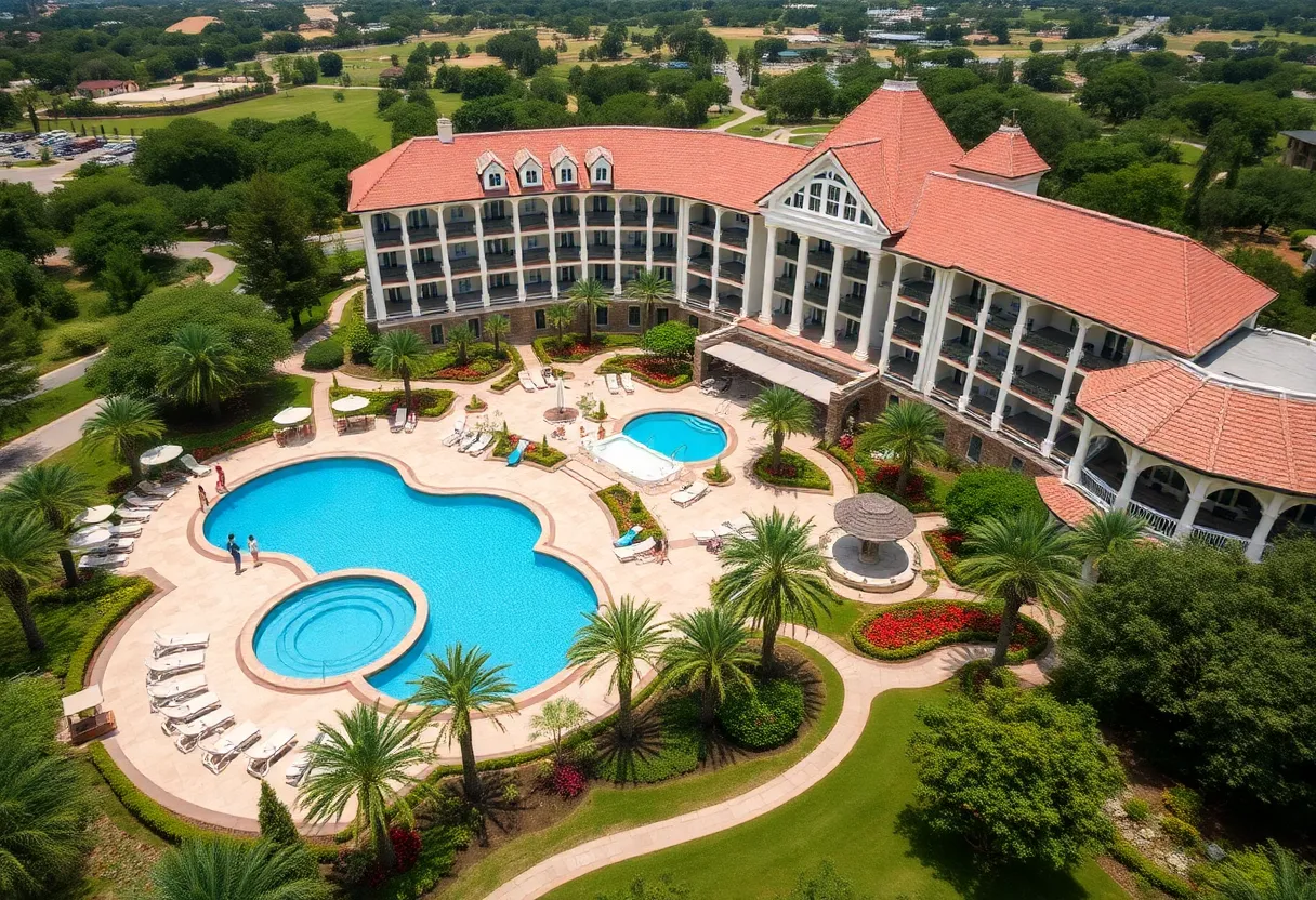 The Houstonian Hotel with beautiful landscaping and a swimming pool