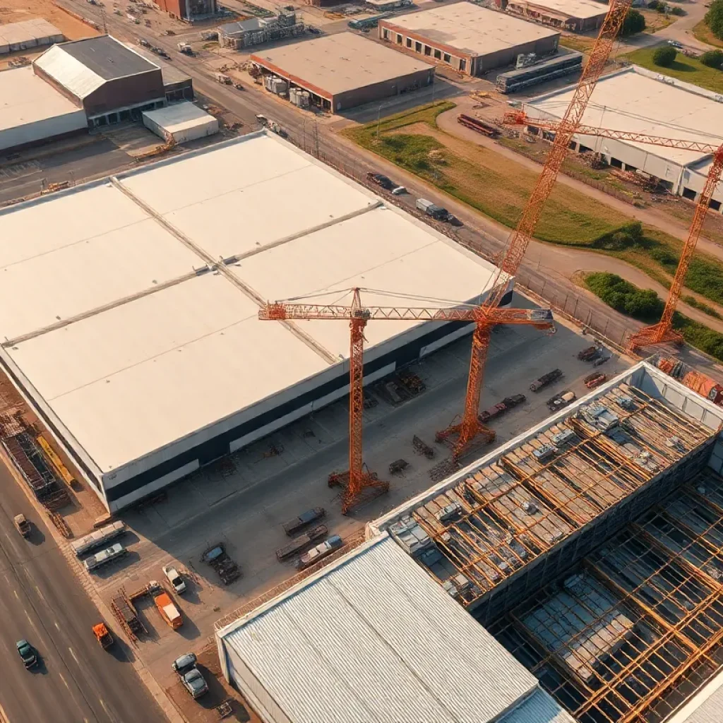 Aerial view of construction sites featuring warehouses in Texas