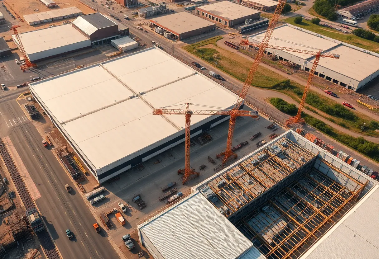 Aerial view of construction sites featuring warehouses in Texas