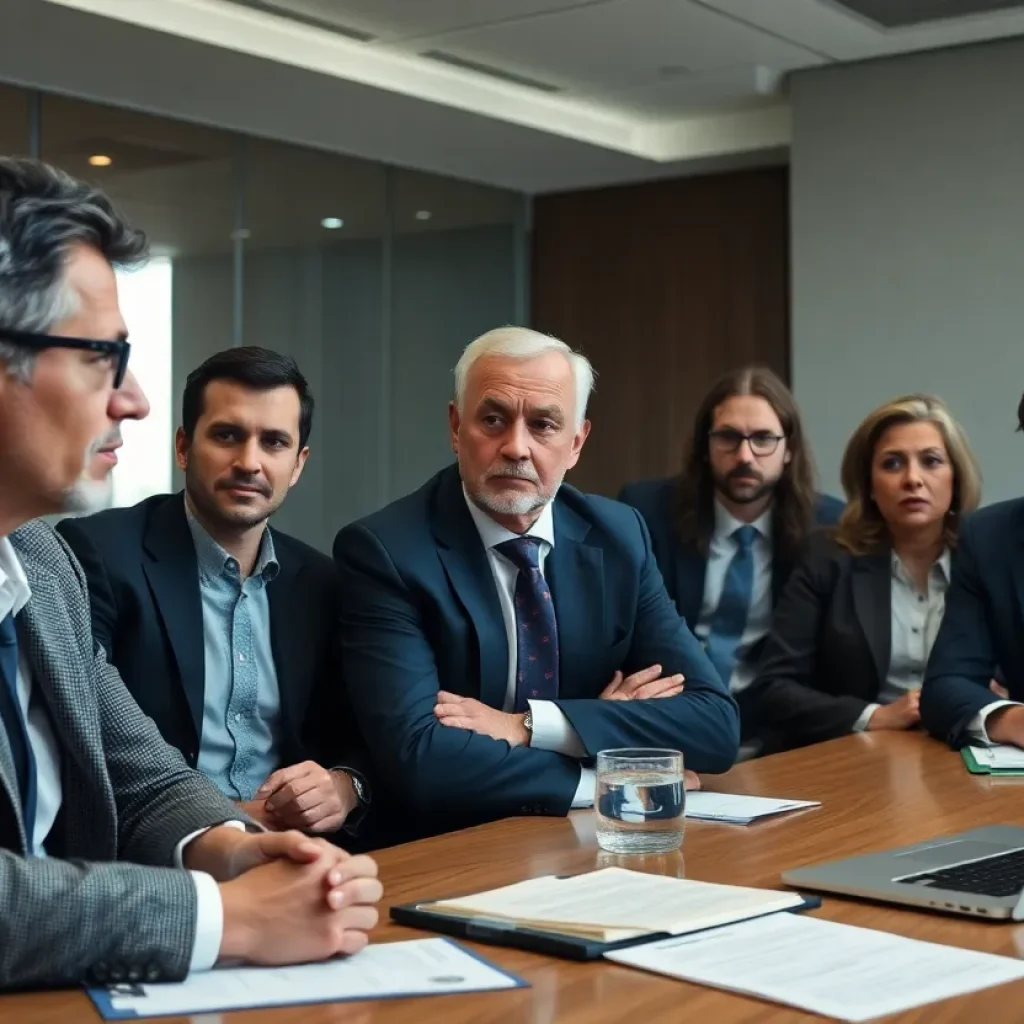 Investors in a conference room discussing concerns about real estate fraud.