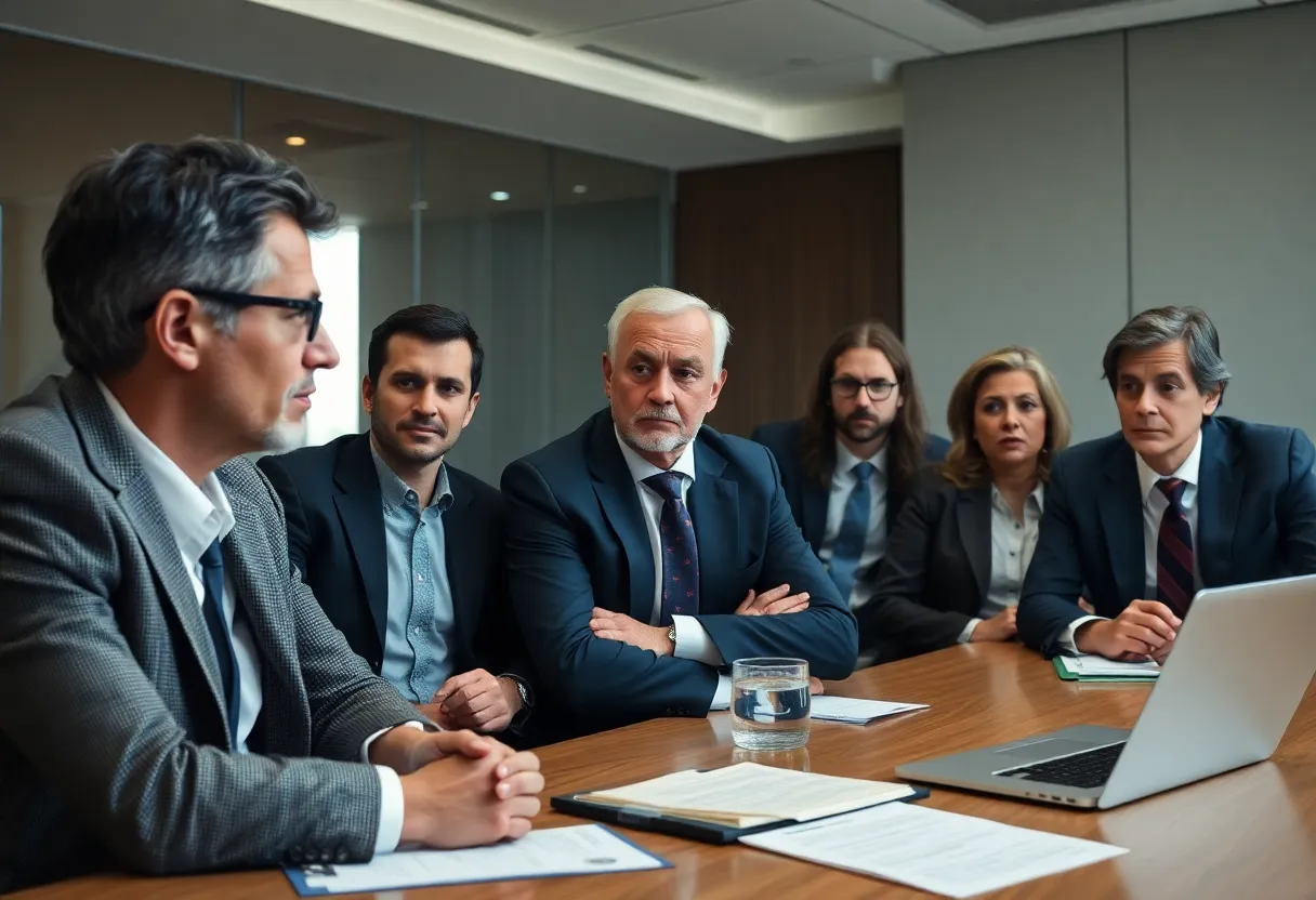 Investors in a conference room discussing concerns about real estate fraud.