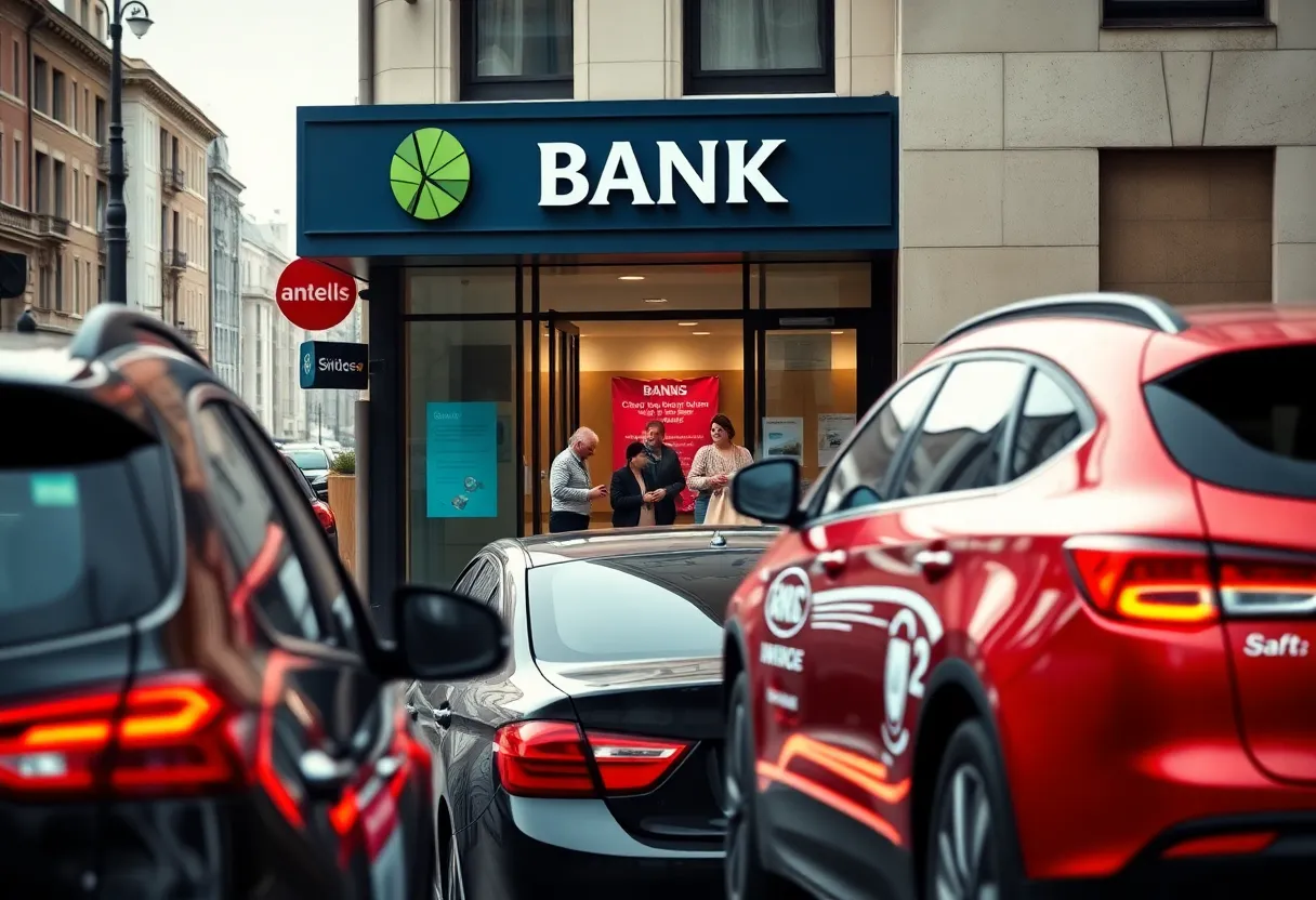 Scene of a bank with family looking concerned