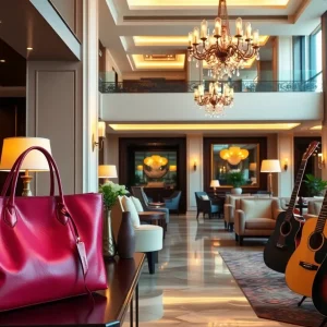 Showcasing unique luxury hotel experiences with designer handbags and guitars.