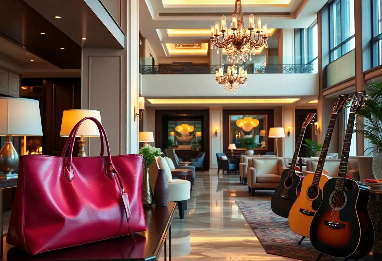 Showcasing unique luxury hotel experiences with designer handbags and guitars.