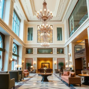 A beautifully designed luxury hotel lobby with chandeliers and plush seating.