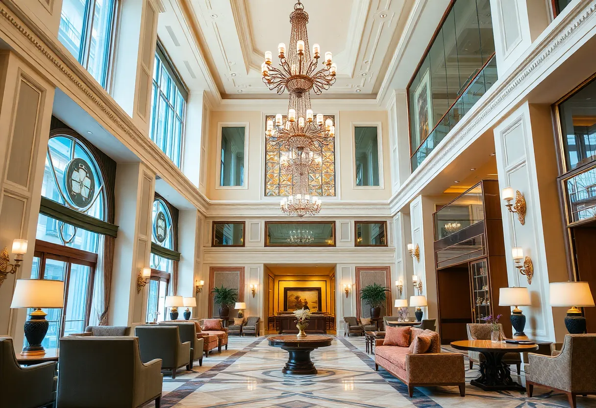 A beautifully designed luxury hotel lobby with chandeliers and plush seating.