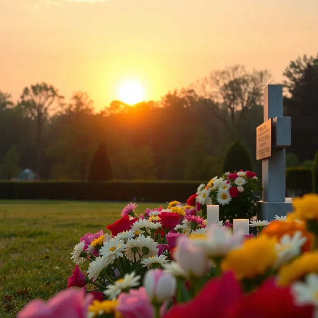 A peaceful memorial scene with flowers at sunset.