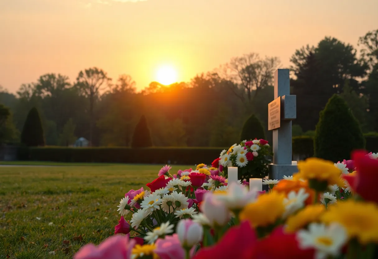 A peaceful memorial scene with flowers at sunset.