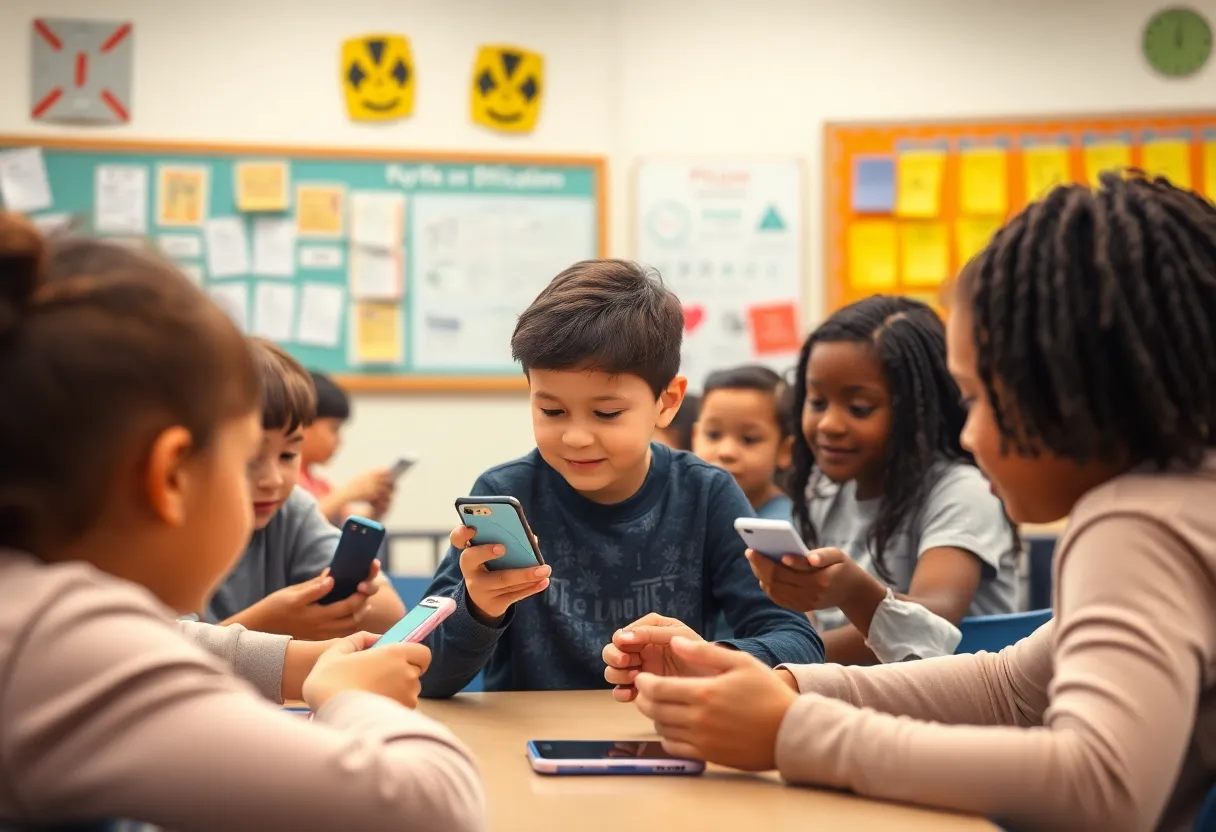 A classroom displaying various school communication technologies with parents and students interacting.