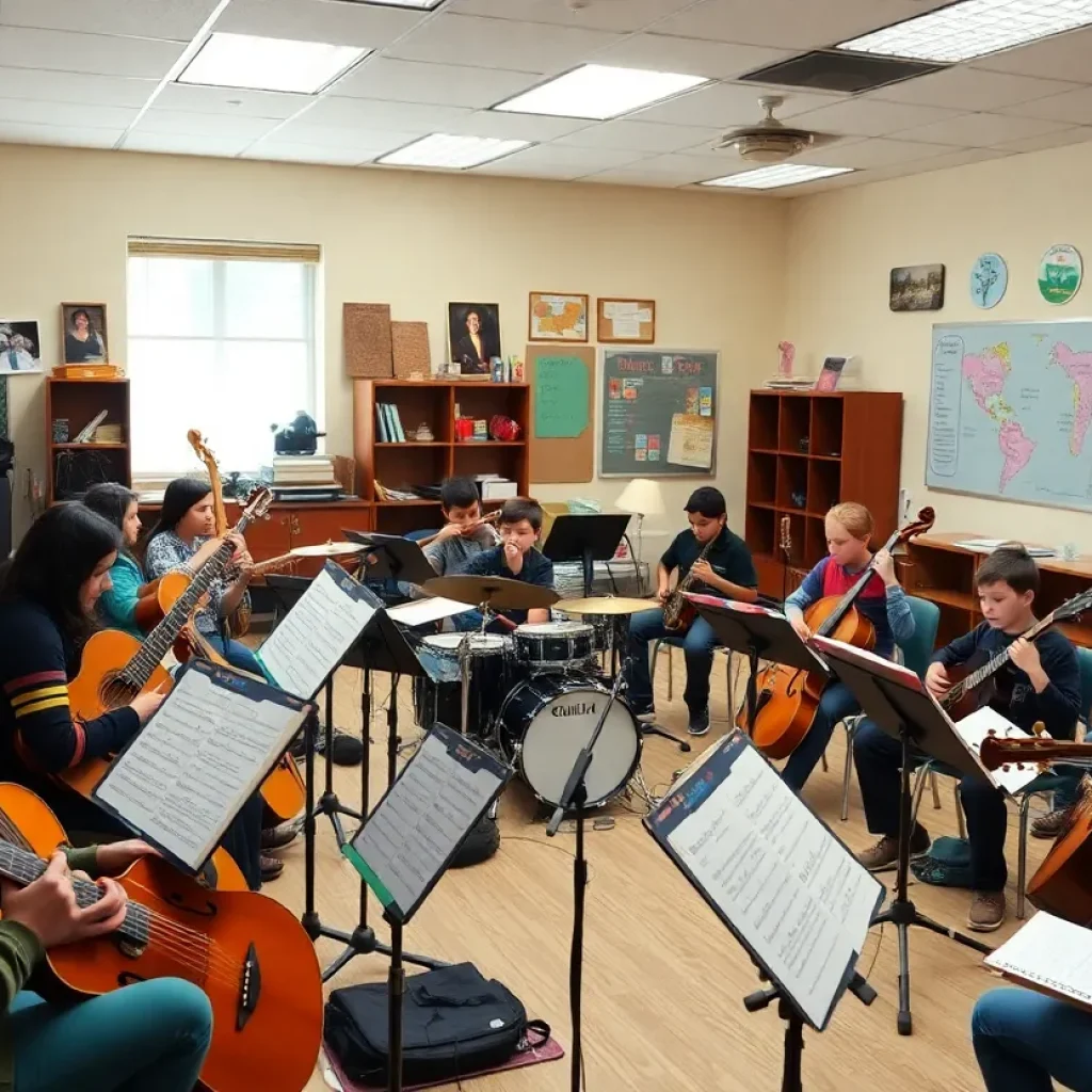 Classroom filled with music instruments and students learning together.