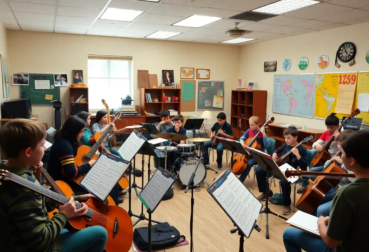 Classroom filled with music instruments and students learning together.