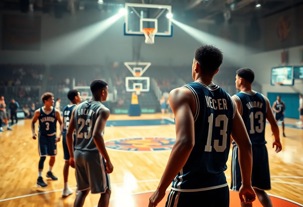 Action shot of players on the basketball court during the offseason trade period
