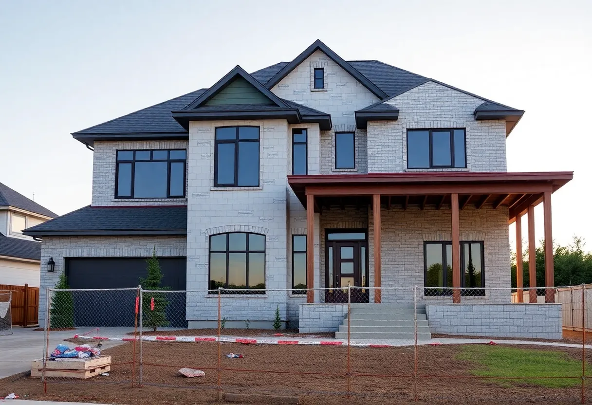 New home construction site in Houston with builders and construction materials.