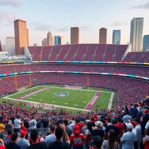 View of NRG Stadium filled with enthusiastic sports fans during an event.