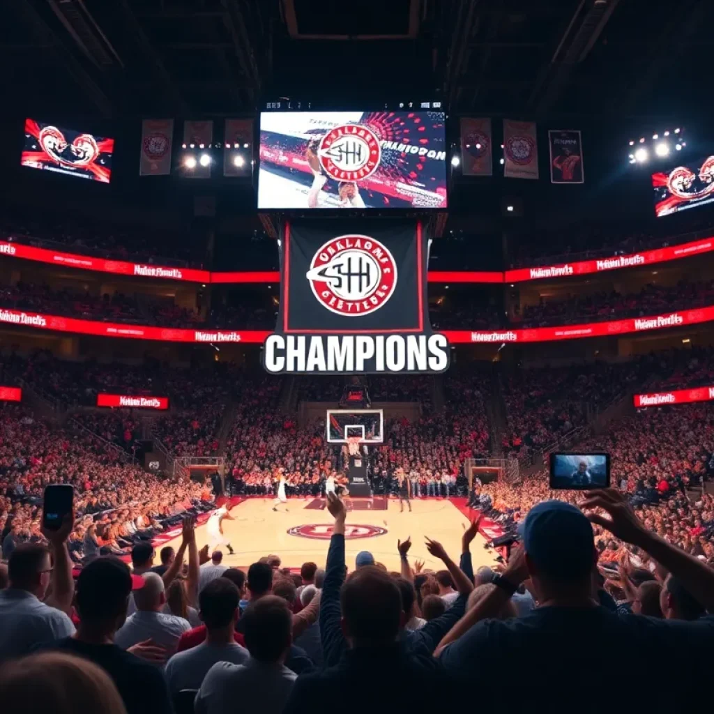 Fans celebrating at the Oklahoma City Thunder championship banner ceremony